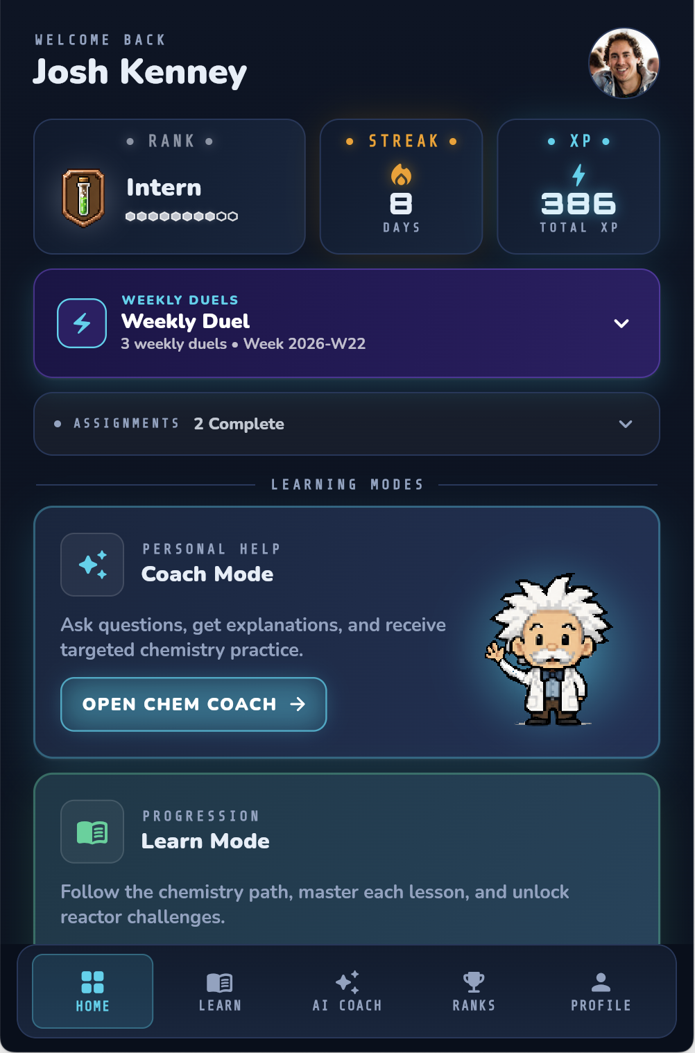 ChemCoach student dashboard