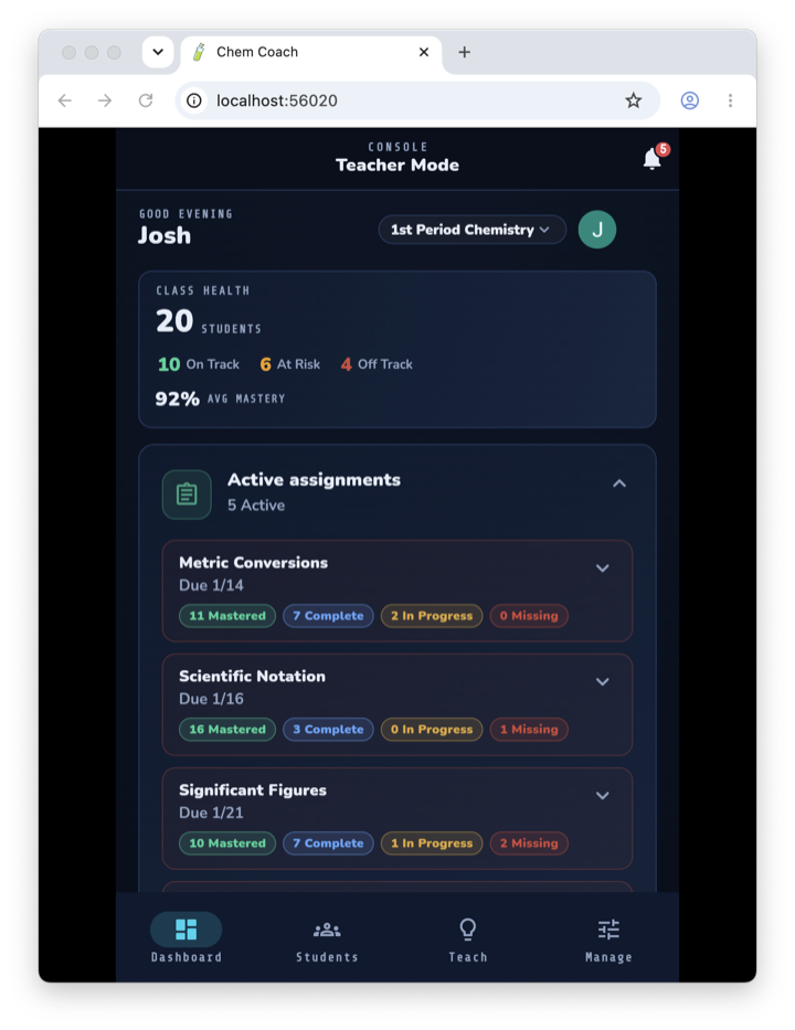 Teacher dashboard: Class Health and active assignments
