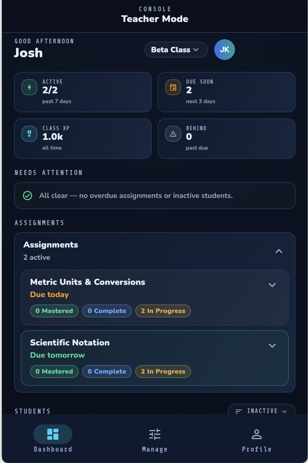 Teacher progress dashboard